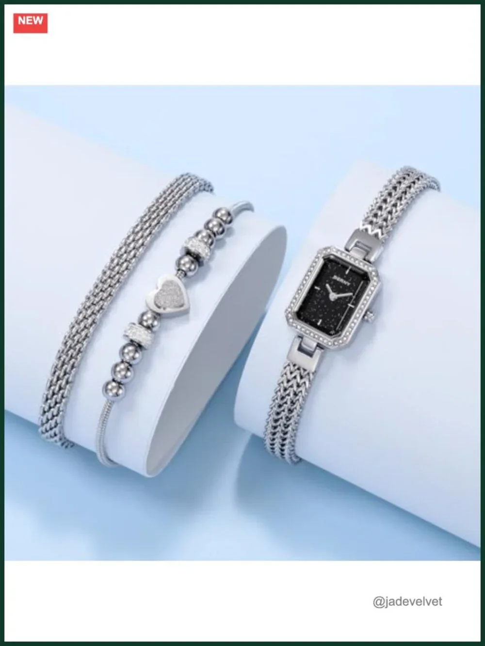 BERNY Dainty Quartz Watch & Bracelet Set for Women Crystal Accent silver-tone